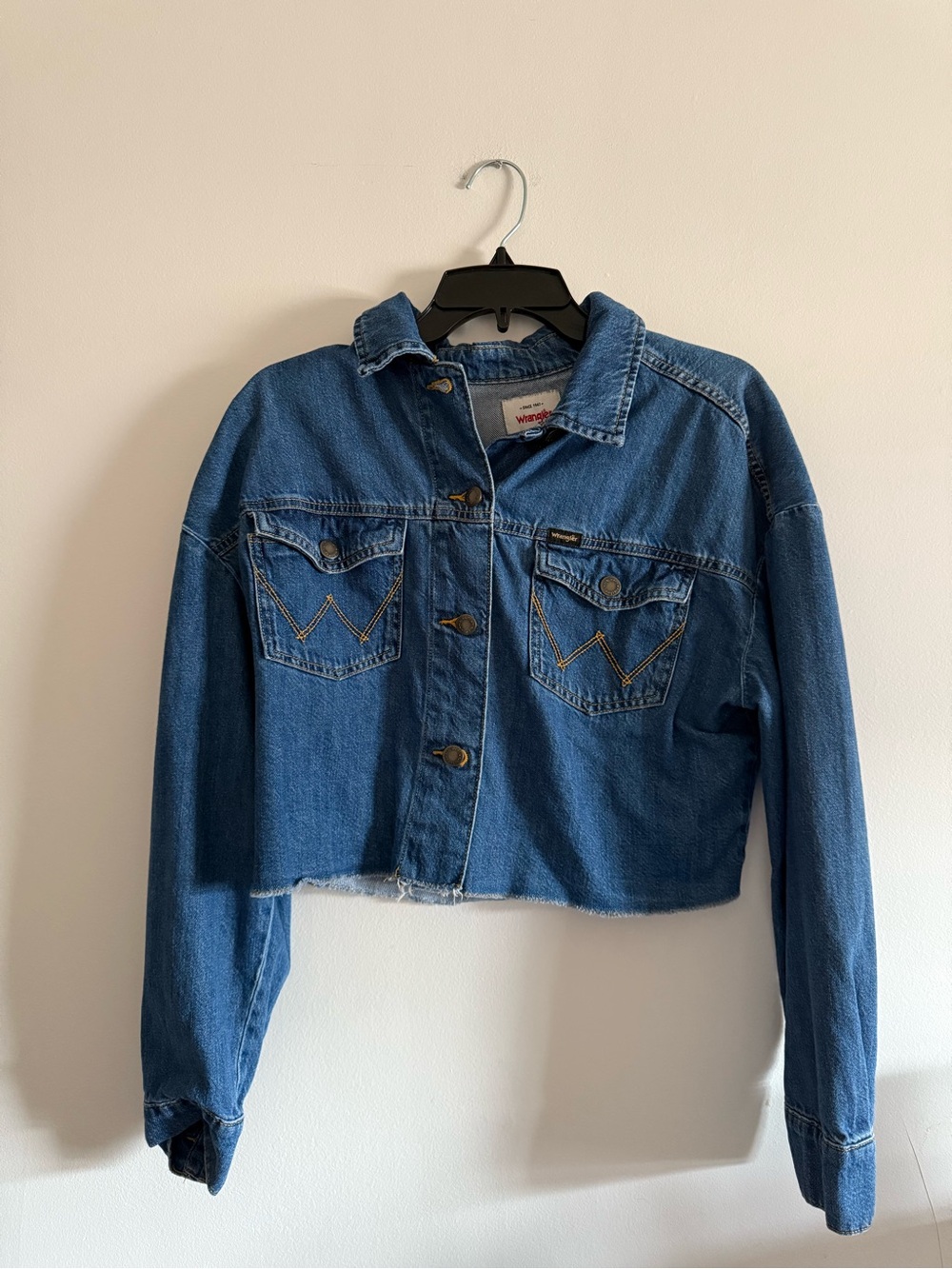 Wrangler Blue Cropped Denim Jacket - size medium, 100% cotton
